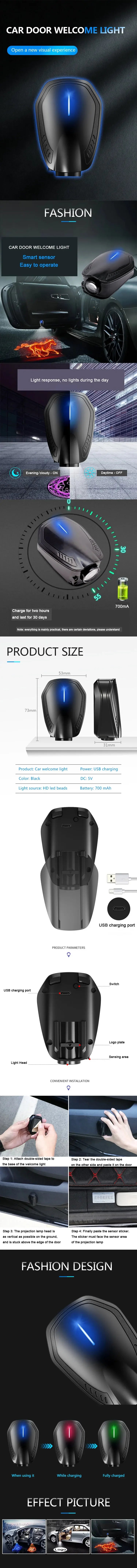 Rechargeable Led Car Door Welcome Light Wireless Car Styling Laser Projector Logo Ghost Shadow Lamp Customised Logo Support